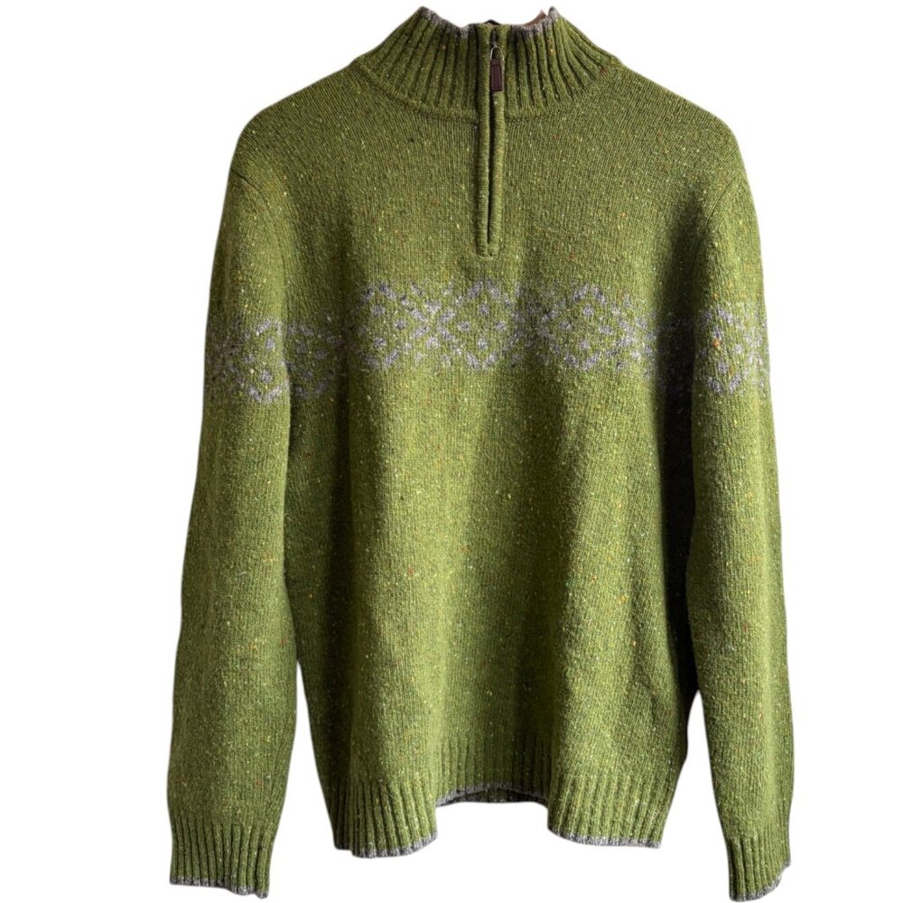 EXPRESS Vintage Quarter-Zip Wool Sweater Large Green GRey Y2K Fair Isle